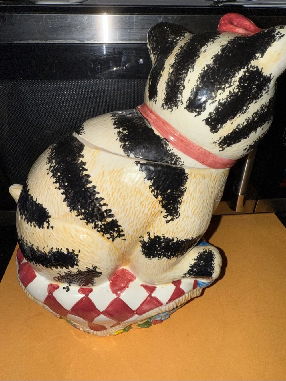 Ceramic Black & White Striped Cat Figurine with Red Bow